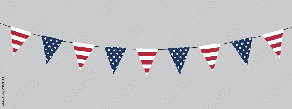 Obraz premium USA flag bunting garland, string of triangular flags, national colors, pennant, retro style vector illustration