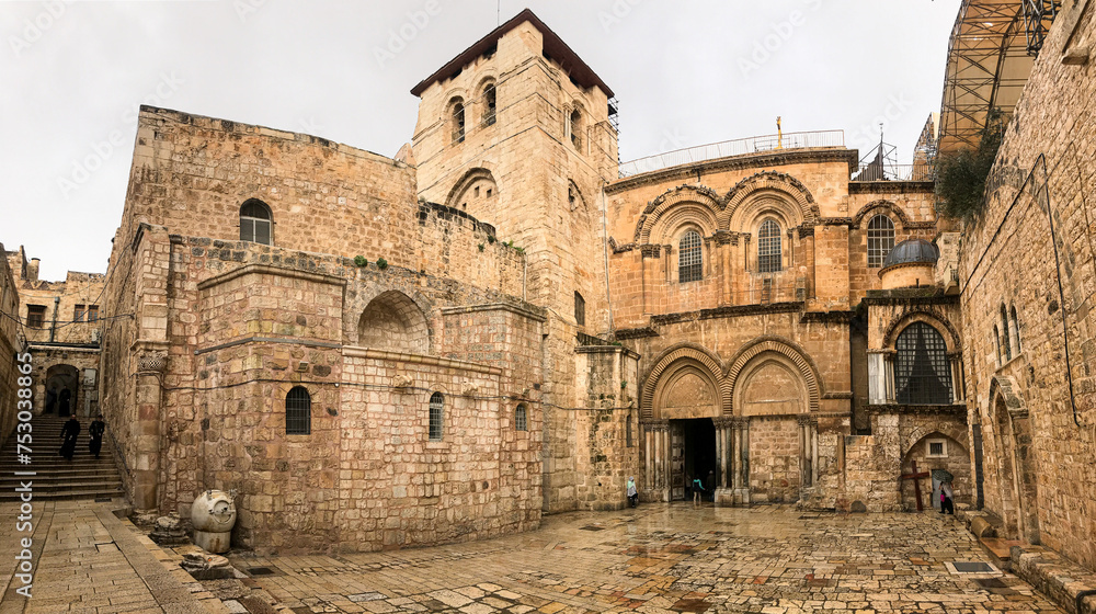Entrance to the Church of the Holy Sepulcher (Latin: Ecclesia Sancti Sepulchri) on a rainy day