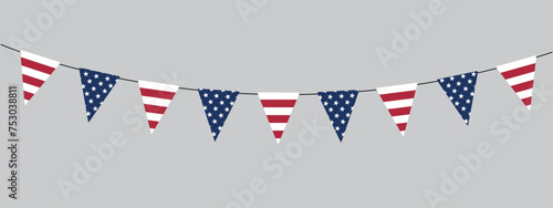 USA flag bunting garland, string of triangular flags, national colors, pennant, retro style vector illustration