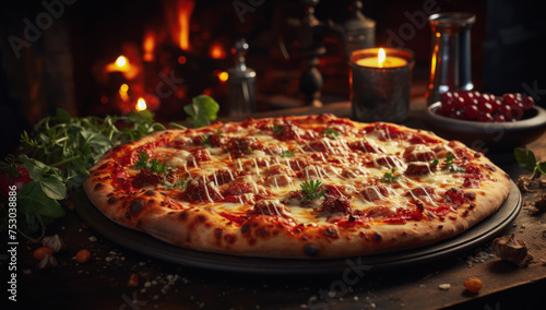 Delicious Italian pizza. Traditional homemade pizza. Mediterranean style
