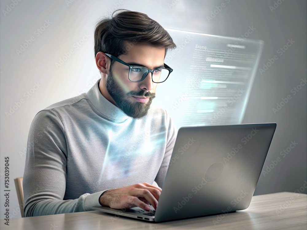 programmer working with laptop clear face generative ai programmer working with laptop clear face generative ai