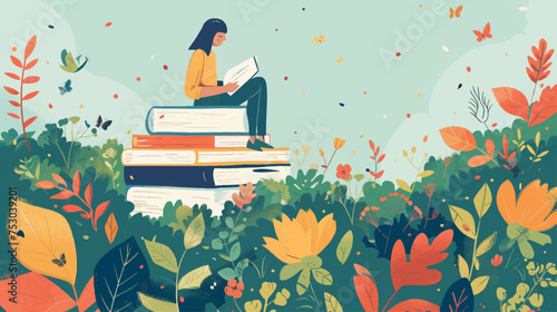 A girl reading a book in a garden, depicted in a flat impressionistic surreal style, celebrating the world book day