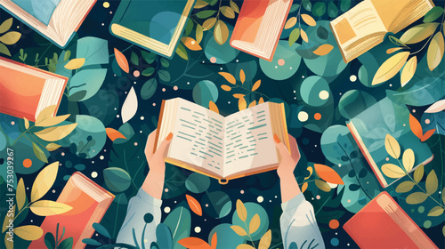 A first person perspective of a human reading a book in a garden full of books, depicted in a surreal flat impressionistic style, in cellebration of the world book day
