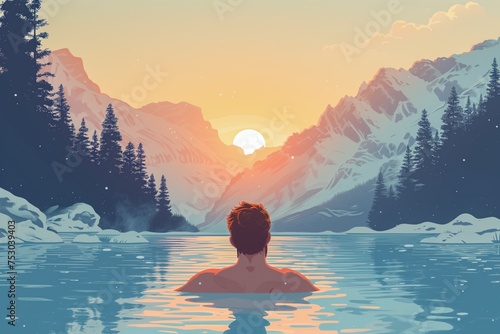 A man with a beard bathes in the cold water of a mountain lake. Ice bathing concept, Wim Hof method, cold therapy, winter bathing, hardening