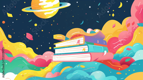 Books on colorful clouds in space celebrating world book day depicted in a flat surreal impressionistic style 