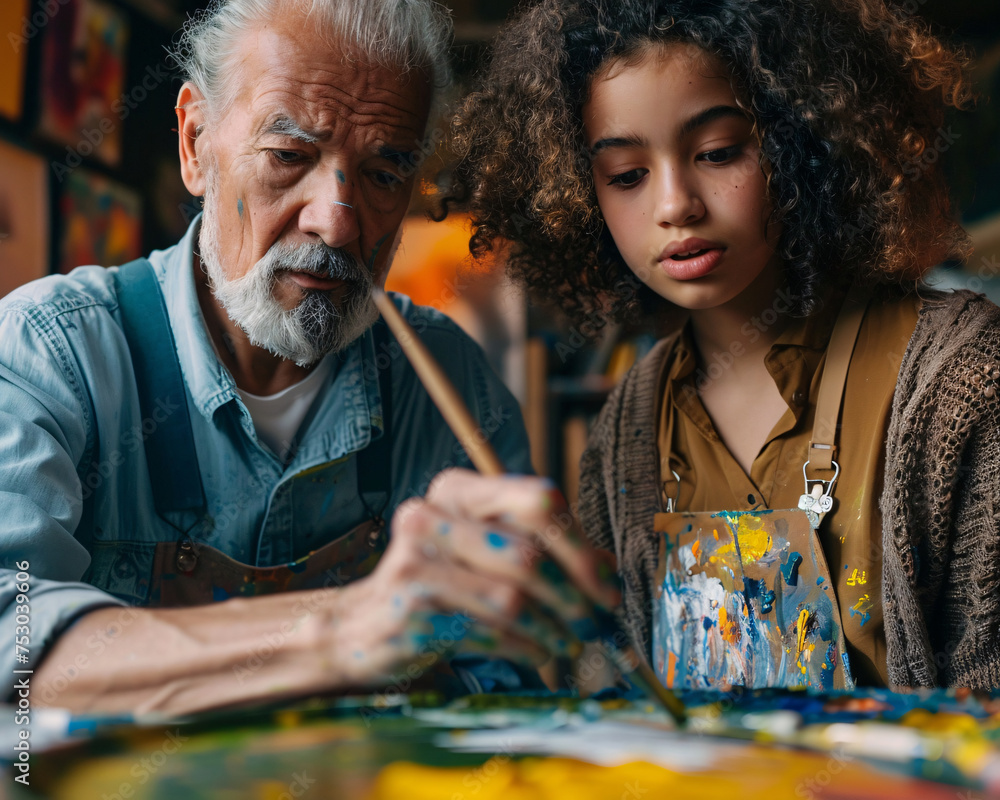 Hyperrealistic Photo Of A Senior Artist Instructing A Young Adult In hyperrealistic-photo-of-a-senior-artist-instructing-a-young-adult-in