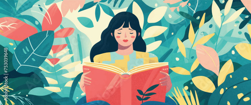 Frontal illustration of a woman reading a book in nature, celebrating world book day in a flat impressionistic style.