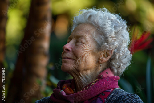 Photo of a senior practicing meditation in a tranquil setting, with a close-up on their serene face and the peaceful backdrop, illustrating mental health care