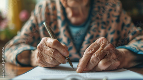 Photo of a senior updating their will and testament, with a close-up on their hand holding the pen and the legal document, underlining the importance of estate planning photo