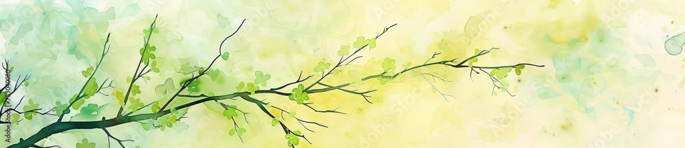 Graceful tree branch adorned with fresh green leaves against gentle yellow backdrop. Perfect for romantic spring-themed card, banner, or celebration decoration. Graceful tree branch adorned with fresh green leaves against gentle yellow backdrop. Perfect for romantic spring-themed card, banner, or celebration decoration.