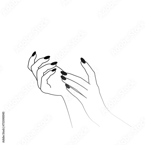 beautiful woman hand position to take a picture of fresh manicure black outline vector illustration, one line art