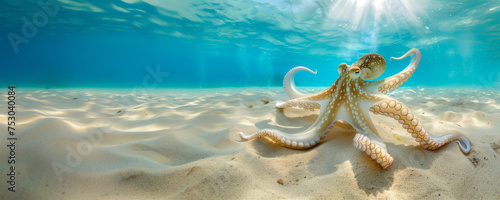 Underwater panoramic view of a swimming octopus on the sand of a shallow lagoon, sealife web banner © Delphotostock
