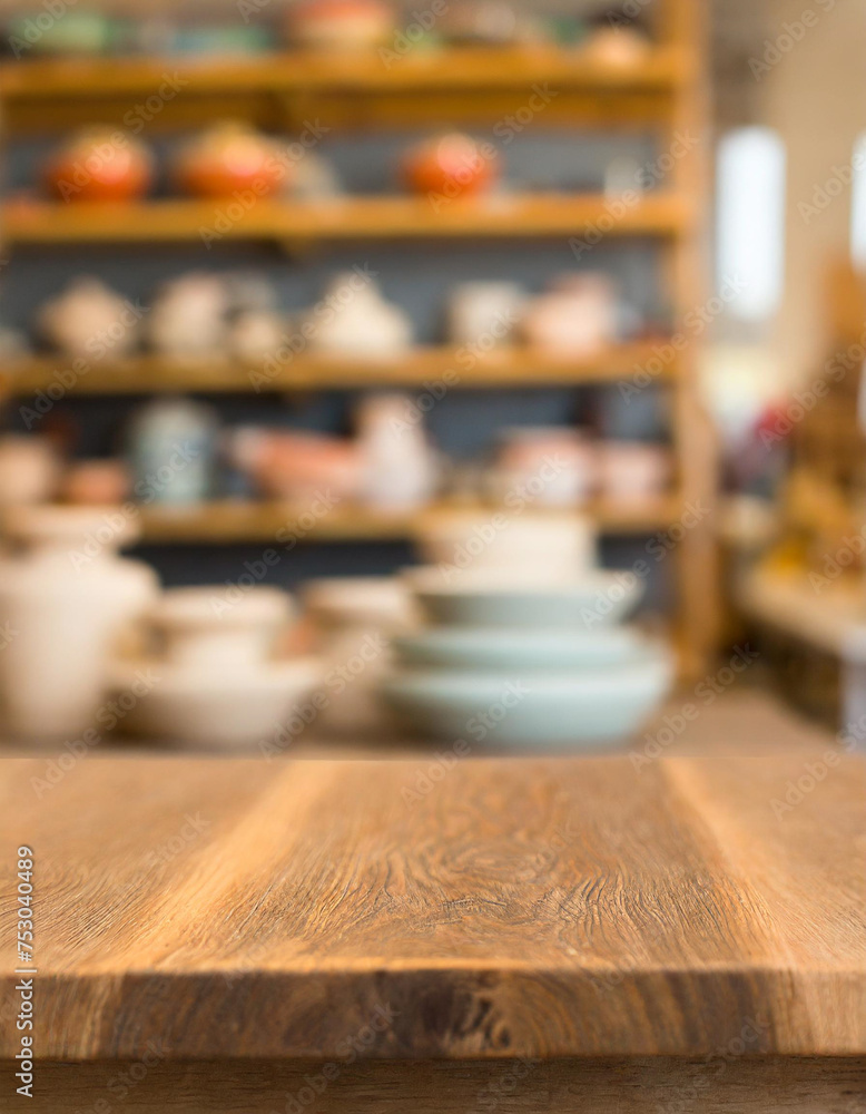 Empty table in ceramic workshop and local commercial interior selling handmade ceramic products, pottery and workshop of small ceramic arts, crafts or creative startup studio. Empty workstation 