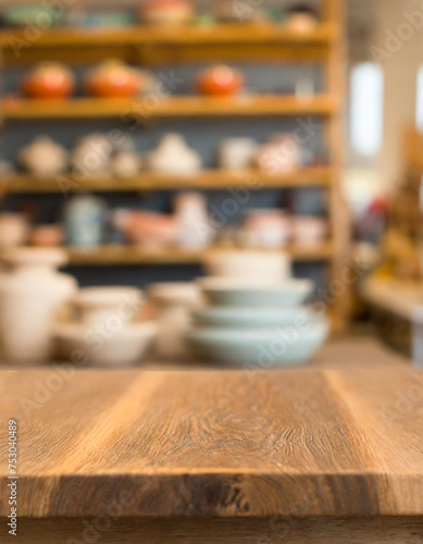 Empty table in ceramic workshop and local commercial interior selling handmade ceramic products  pottery and workshop of small ceramic arts  crafts or creative startup studio. Empty workstation 