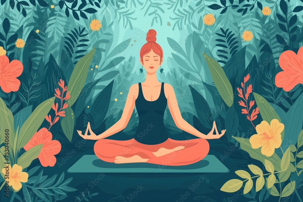A girl meditates in the lotus position, in a clearing among flowers, holding her fingers in mudra on her knees, front view