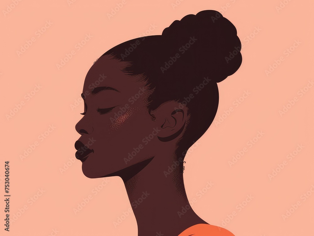 Portrait of a stylish young black woman in minimalist pop art style, featuring a vibrant blend of light pink, dark brown, white, and orange hues. Elegant and modern digital illustration with a contem