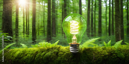 Light bulb in a forest green energy ecology concept