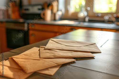 Various unopened envelopes of different sizes and shapes scattered on a kitchen counter, sharp focus. A familiar household task of sorting and organizing the day's mail.