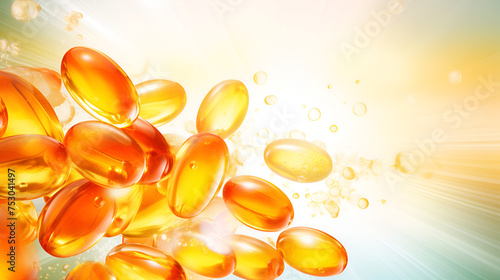 Best supplements and vitamins for your muscle health Close up of yellow capsules with fish oil scatter in air photo
