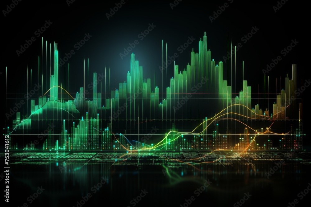 Financial data analytics 3D graphs deep green Financial data analytics 3D graphs deep green