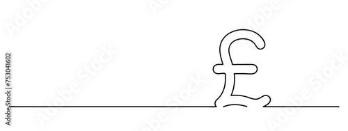 pound sterling sign continuous one line drawing, british currency lineart, black line vector illustration, editable stroke, panoramic design element