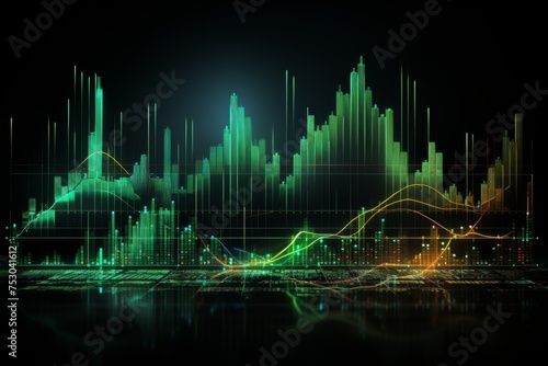 Financial data analytics 3D graphs deep green © Naret