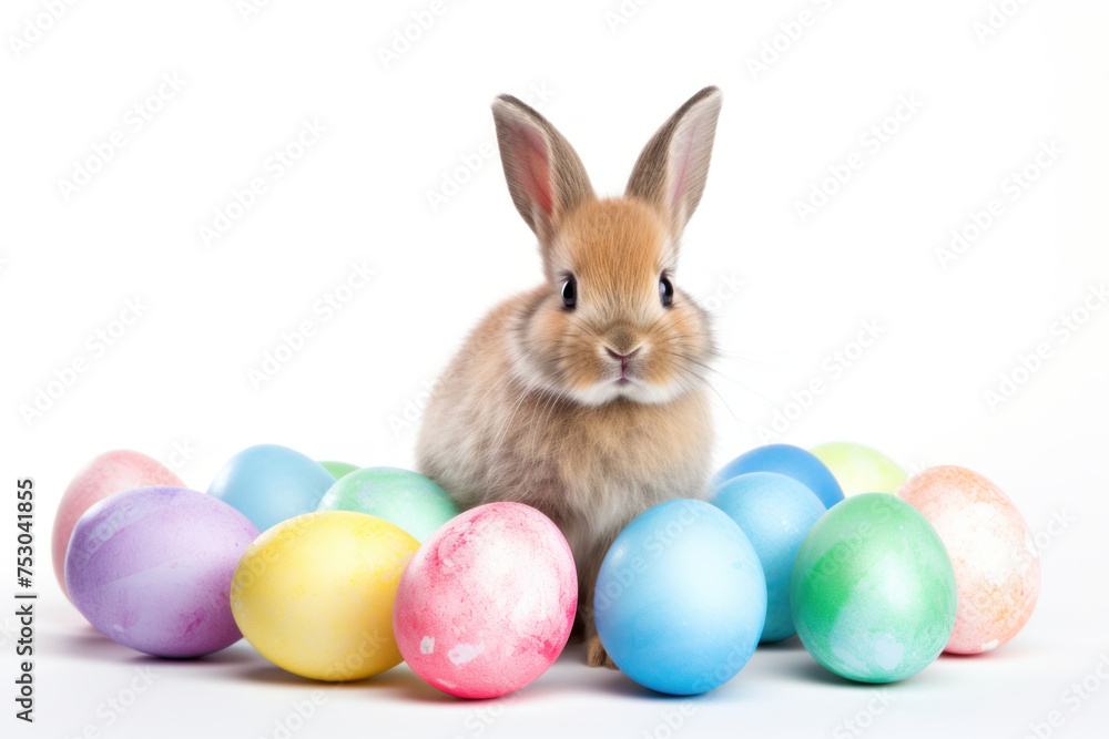 Adorable rabbit with pastel Easter eggs on white backdrop