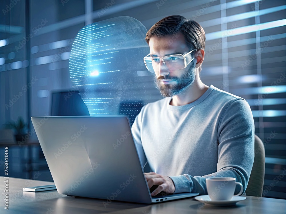 programmer working with laptop clear face generative ai programmer working with laptop clear face generative ai