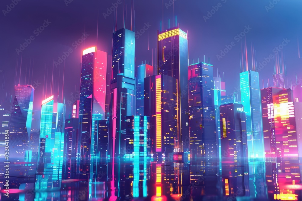 A vibrant futuristic cityscape with glowing neon lights, geometric skyscrapers, and high-tech architecture creating a bright and modern urban landscape