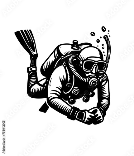 Diver underwater. Isolated engraved monochrome vector illustration