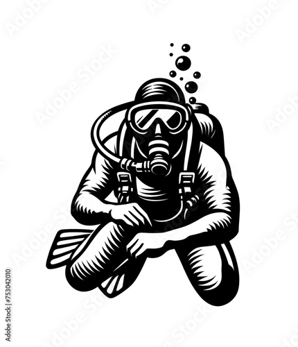 Diver underwater. Isolated engraved monochrome vector illustration