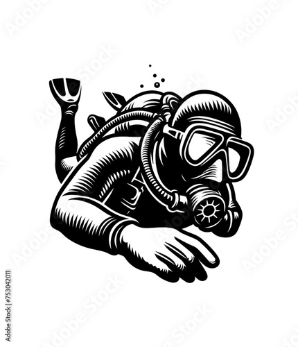 Diver underwater. Isolated engraved monochrome vector illustration