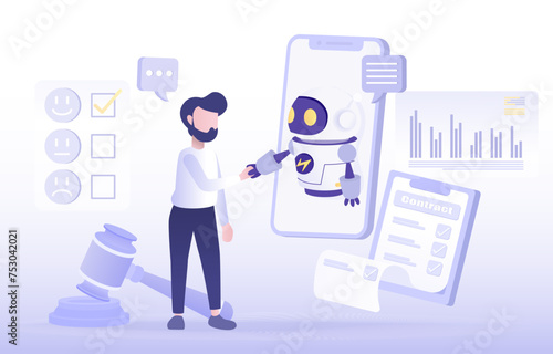 Collaboration between human and ai robot to deal contract. Meeting, assistance, strategy planning, creativity, satisfaction, data analysis. Flat vector design illustration.
