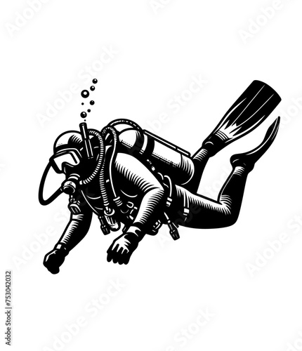 Diver underwater. Isolated engraved monochrome vector illustration