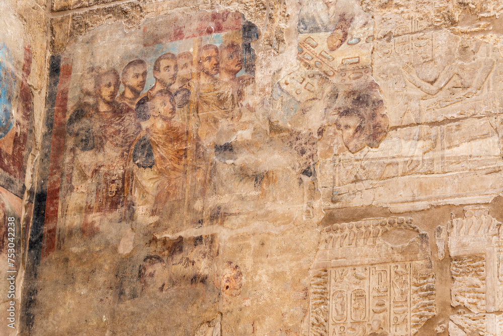 Obraz premium Ancient Roman art covering Egyptian hieroglyphics in Luxor Temple in Luxor, Egypt