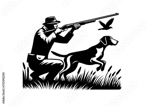 Dog hunting monochrome vector illustration