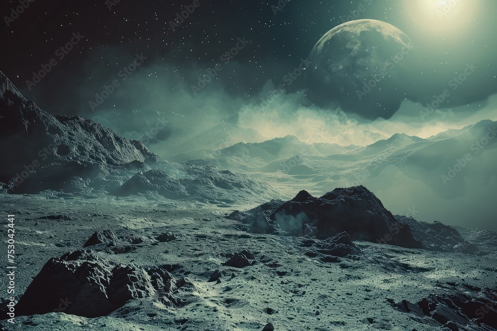 A surreal lunar landscape with rocky terrain, craters, and boulders under a dreamlike glow. The barren, alien scenery evokes a sense of mystery and exploration