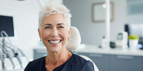 Happy mature woman at dentist. Middle aged beautiful woman having teeth examination and consultation with dentist at dental office. Teeth whitening, dental treatment, oral hygiene, teeth restoration photo