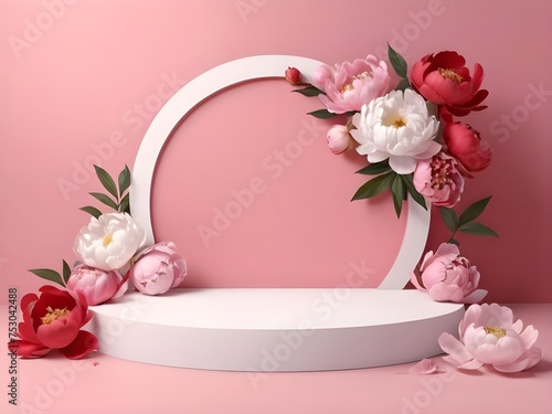 3d Render mockup empty white podium with floral peonies flower pink background 