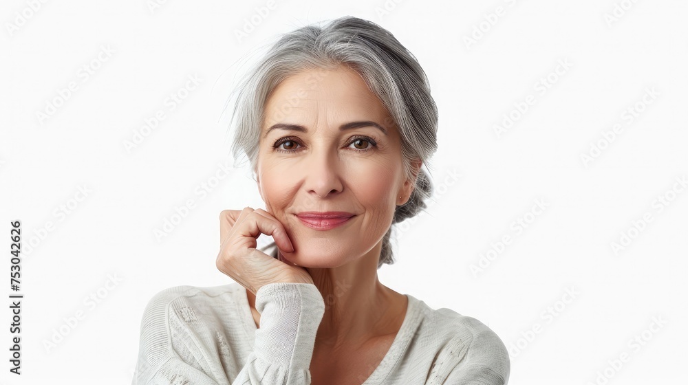 Beautiful gorgeous 55s mid aged mature woman looking at camera isolated on white. Mature old lady close up portrait. Healthy face skin care beauty, middle age skincare cosmetics, cosmetology concept Beautiful gorgeous 55s mid aged mature woman looking at camera isolated on white. Mature old lady close up portrait. Healthy face skin care beauty, middle age skincare cosmetics, cosmetology concept