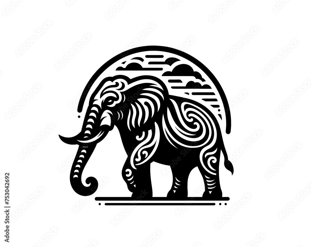Fototapeta premium Elephant monochrome engraved isolated vector illustration