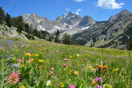 Beautiful alpine meadow with colorful wildflowers, towering mountain peaks, and a clear blue sky. Serene and tranquil setting showcasing the vibrant beauty of nature