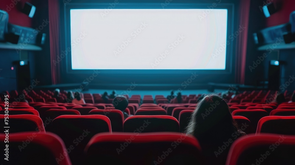 Cinema blank wide screen and people in red chairs in the cinema hall. Blurred People silhouettes watching movie performance. Cinema blank wide screen and people in red chairs in the cinema hall. Blurred People silhouettes watching movie performance.