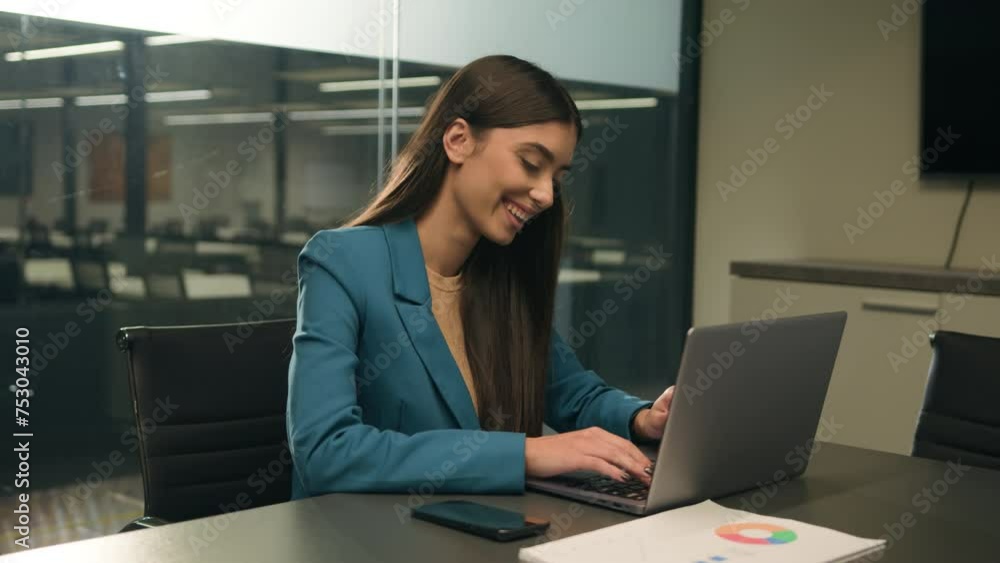 Arabian businesswoman Indian business woman Caucasian girl manager employer happy smiling laughing entrepreneur designer with colors diagram look at laptop work with computer achieve smile in office