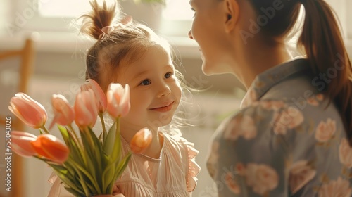 Cute little girl greeting her mother at home. Mother's day concept