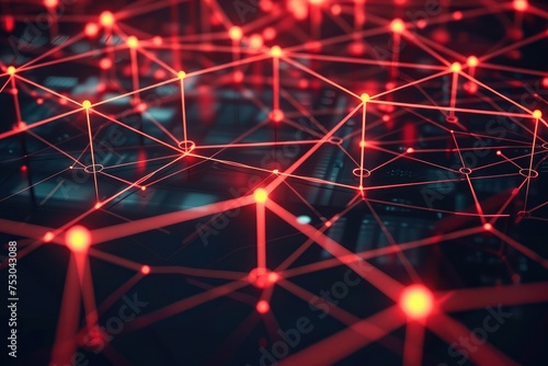 Digital network with interconnected nodes and red glow, resembling a spider web. Menacing cyber threat concept with lines and nodes, symbolizing cybercrime and cyber security