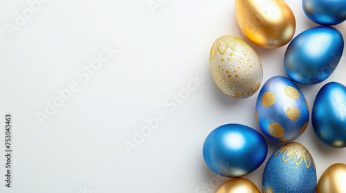 Golden and blue Easter eggs on on white background. Holiday concept. Happy Easter card with copy space