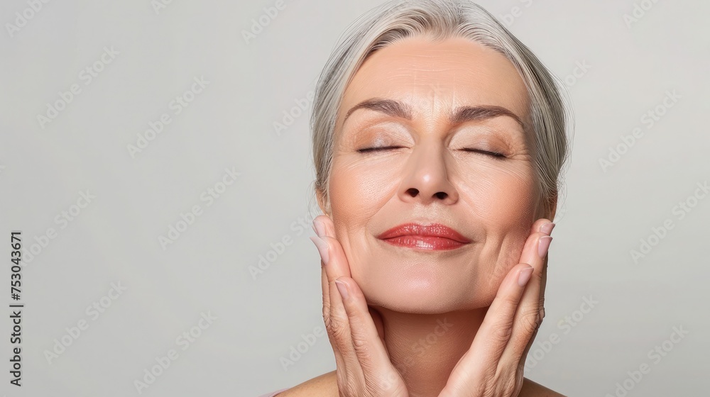 Gorgeous senior older woman with closed eyes touching her perfect skin. Beautiful portrait mid 55s aged woman advertising facial antiage lift products salon care tighten skin isolated on white - obrazy, fototapety, plakaty 