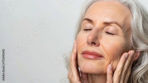 Gorgeous senior older woman with closed eyes touching her perfect skin. Beautiful portrait mid 55s aged woman advertising facial antiage lift products salon care tighten skin isolated on white photo
