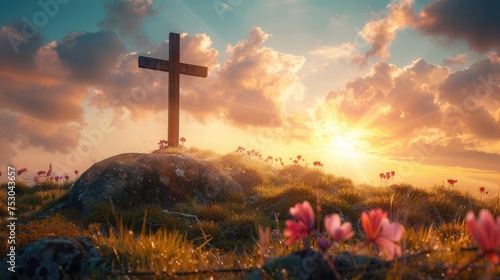 Good Friday concept: Empty tomb stone with cross on meadow sunrise background